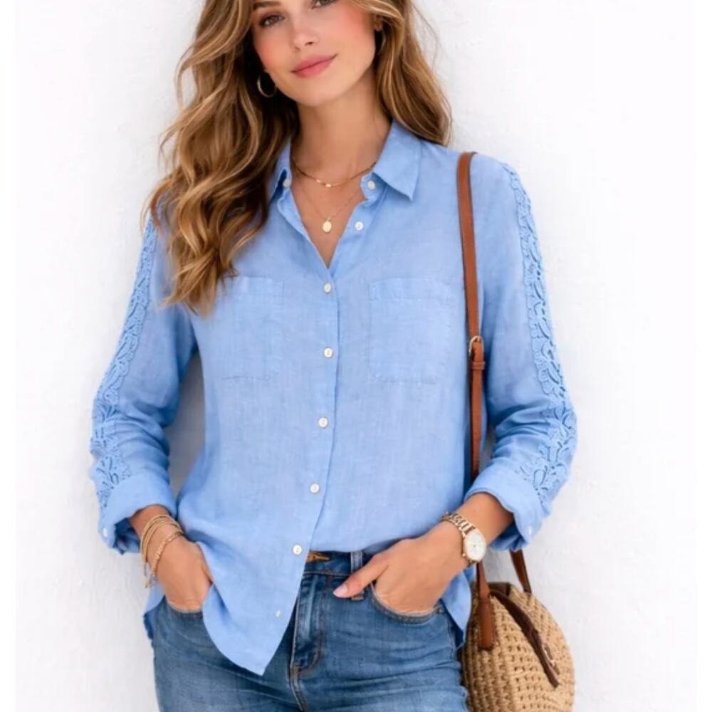Lilly Pulitzer 100% Linen Lace Sleeve Detail Long Sleeve Button Down Shirt Small